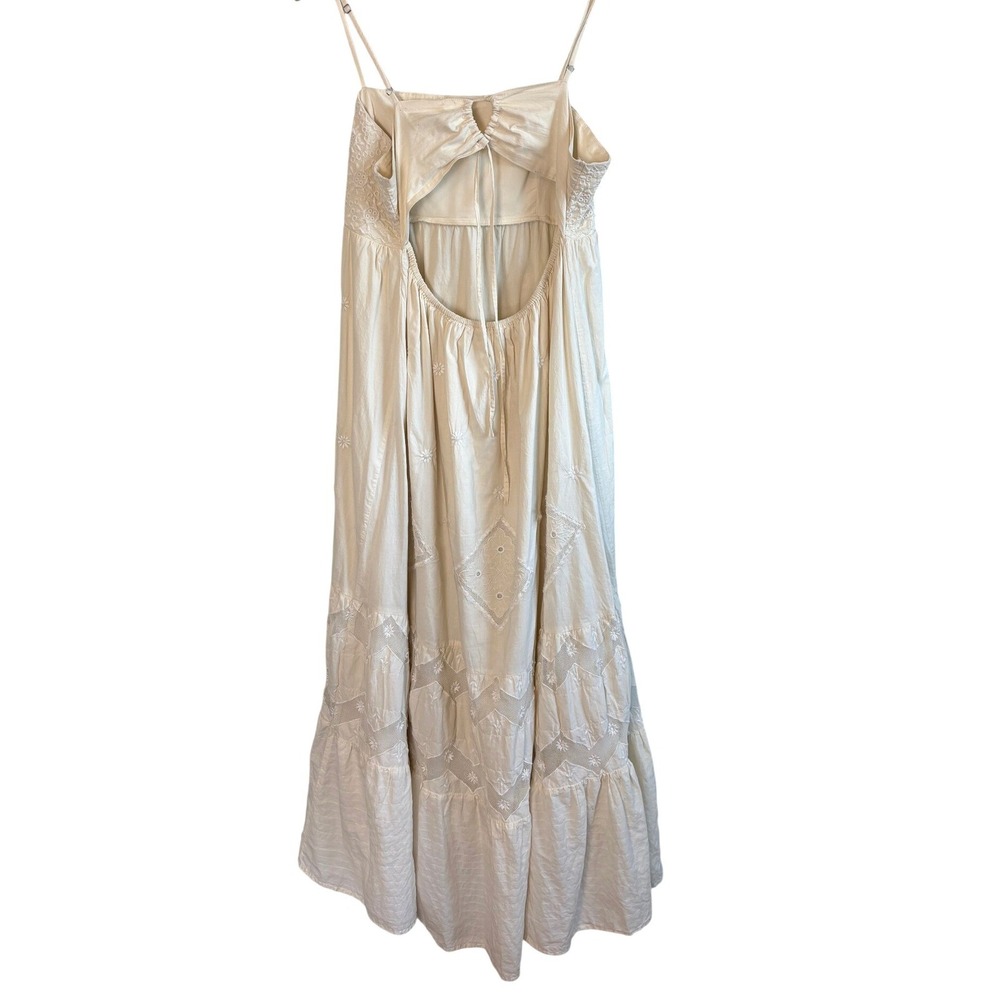 Lucky Brand Maxi Dress Cream Womens Large Embroidered Eyelet Tiered Open Back - Picture 6 of 13